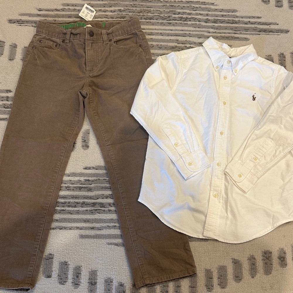 Ralph Lauren White Polo Shirt and NWT Crewcuts Brown Corduroy Set Size 7